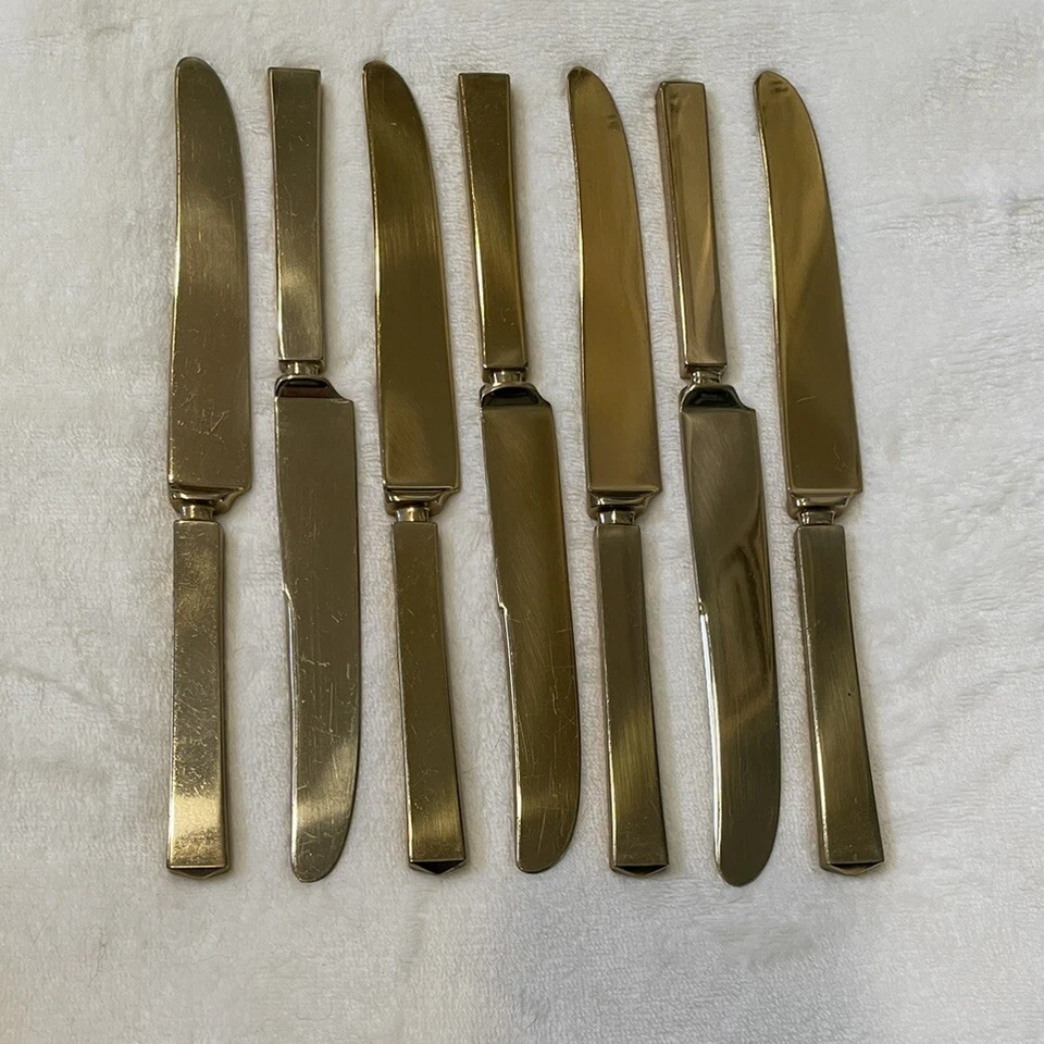 Set of 7 Vintage Dirigold Dirilyte Goldware Empress 8 5/8" Dinner Knives MCM - Image 3 of 4