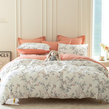 Cotton Vintage Flower Duvet Cover Set King White Reversible Orange Duvet Cover,