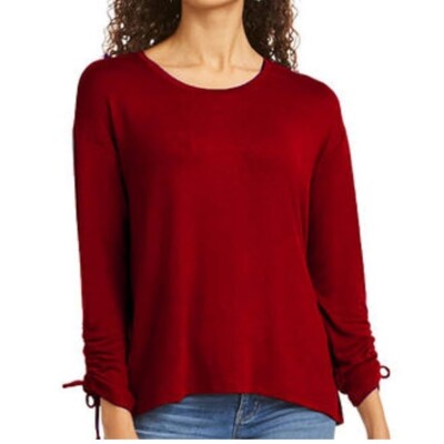 Style & Co Womens L Wine Red Scoop Neck Ruched Sleeve Top NWT DE52
