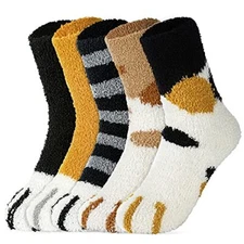 5 Pairs Women Fuzzy Socks - Warm Cat Socks Fluffy Socks Soft Cat Paw Socks 