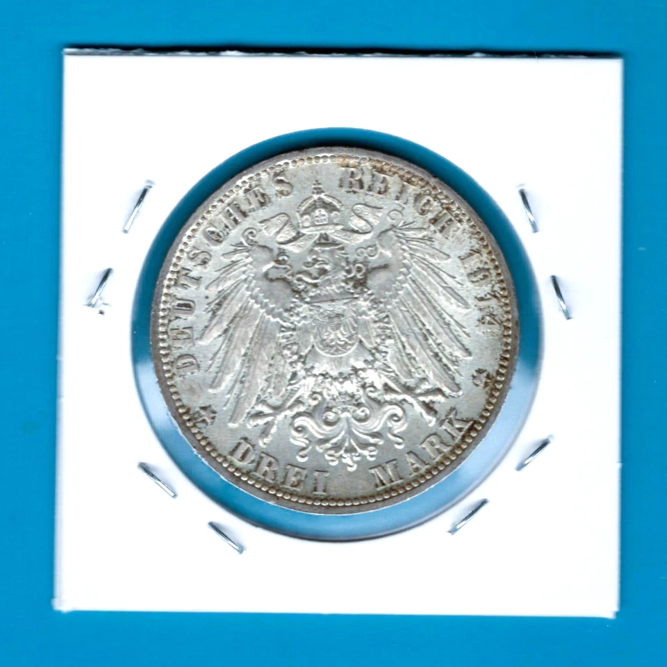 BAVARIA - FANTASTIC HISTORICAL LUDWIG III SILVER THREE (3)MARK, 1914 D, KM# 1005 - Image 2 of 2