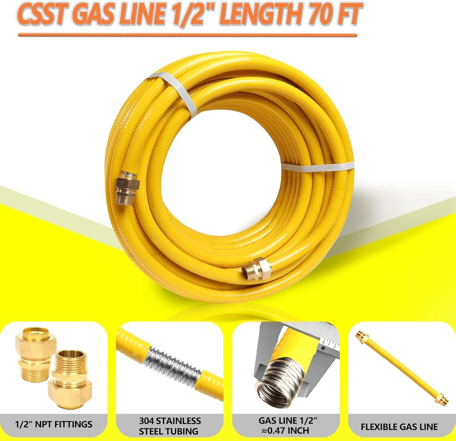 70ft 1/2'' Flexible Gas Line, CSST Corrugated Stainless Steel Tubing Pipe Kit...
