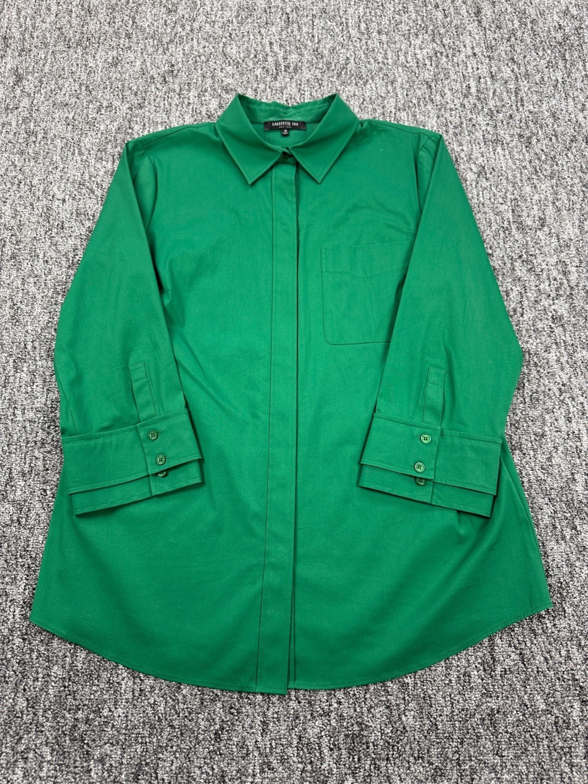 Lafayette 148 New York Top Women 12 Emerald Green 3/4 Sleeve Button Up Blouse