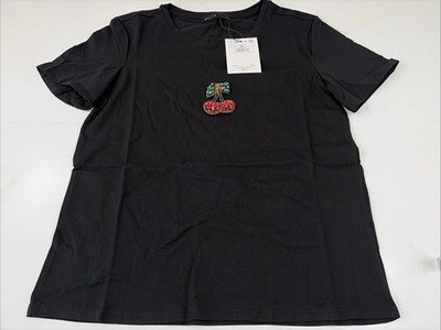 Mohito Basic Women's Short Sleeve Tshirt Round Neck Cherry Detail Size XS