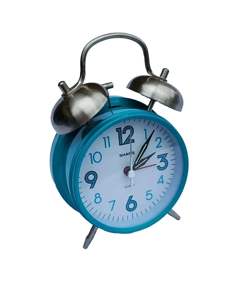 Sharp Twin Bell Tortoise Blue Metal Retro Analog Hands Glow In Dark Alarm Clock - Image 2 of 4