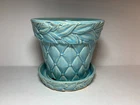 MCCOY POTTERY FLOWER POT WITH ATTACHED SAUCER TURQUOISE BLUE DIAMOND QUILT