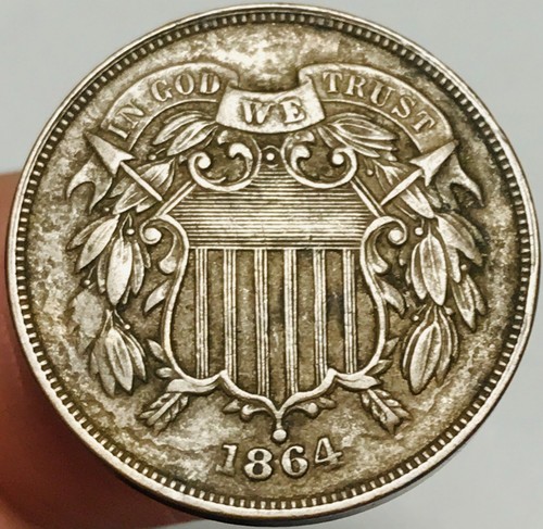 1864 Two Cent Piece 2C Civil War Date FULL MOTTO US Copper Coin CC29800