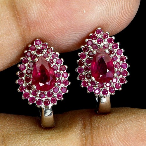 925 Sterling Silver Earrings Pear Ruby 6x4mm Ruby Myanmar Gemstone Jewelry - Picture 2 of 14