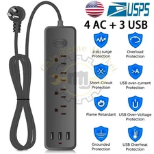 Wall Mountable USB Surge Protector Power Strip 3 USB Ports & 4 Outlet Plugs USA