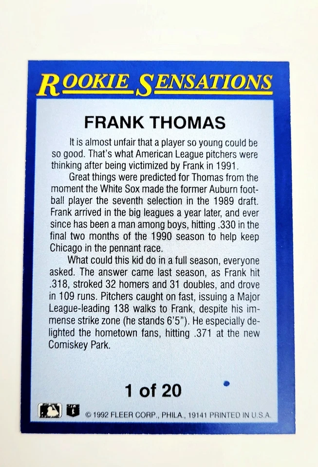 1992 Fleer Rookie Sensations Фрэнк Томас 1 из 20 Chicago Whitesox Зал славы. - Изображение 4 из 4