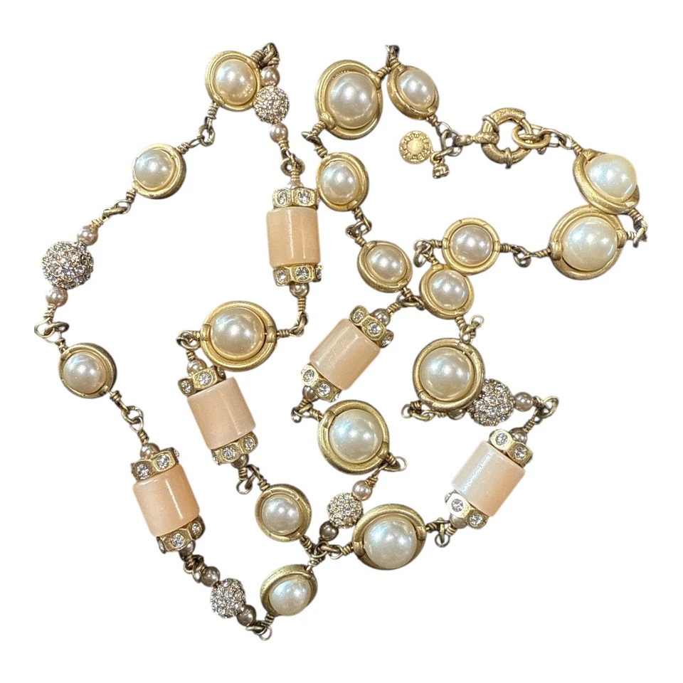 J. CREW Vintage Gold Tone Pearl Crystal Pink Beaded Necklace JC235 - Image 3 of 4