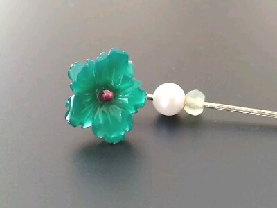 925 Silver Brooch Pin Green Agate Garnet Pearl Flowers Design Handmade 