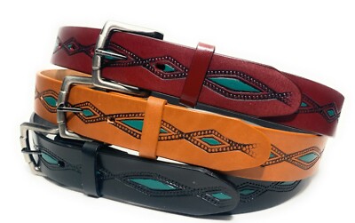 MEN'S WESTERN LEATHER BELT. TURQUOISE DECORATED NEW MEXICO STYLE COWBOY BELT