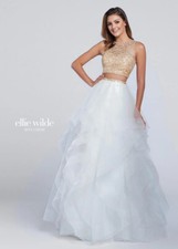 Ellie Wilde Mon Cheri two piece Prom Dress Size 6: Gold sequin top/tulle skirt