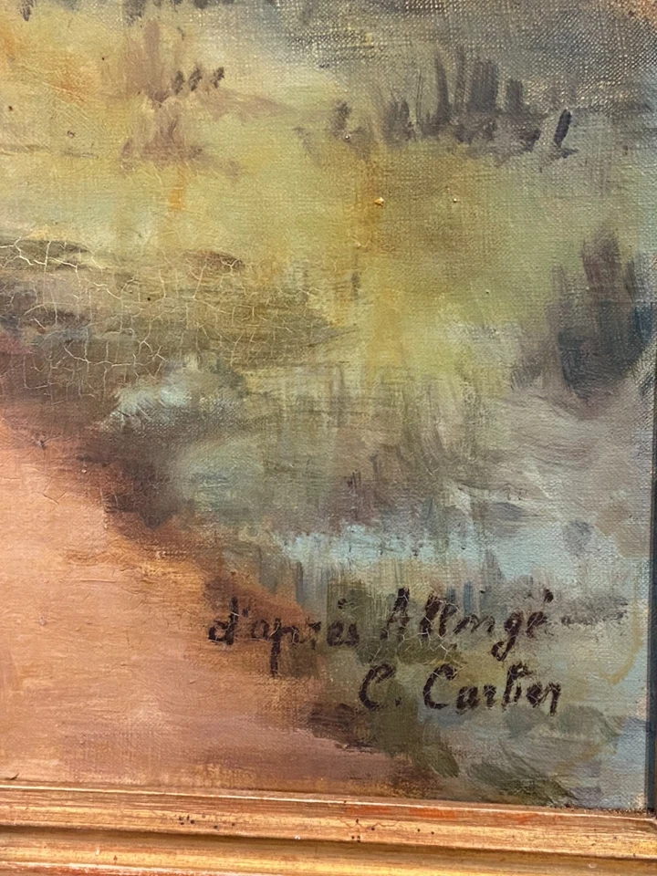 Miroir de cheminée trumeau fin XIXe tableau signé Carlier au chemin de campagne - Photo 3/4