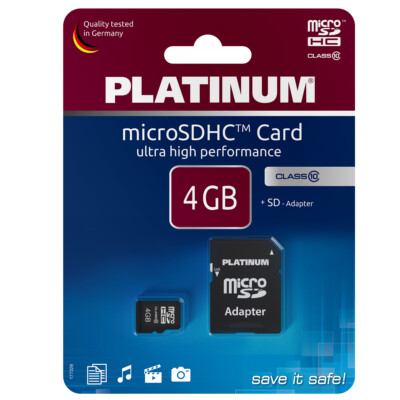 Platinum microSDHC Speicherkarte 4GB Class 10 UHS-I U1 inkl. SD-Karten Adapter
