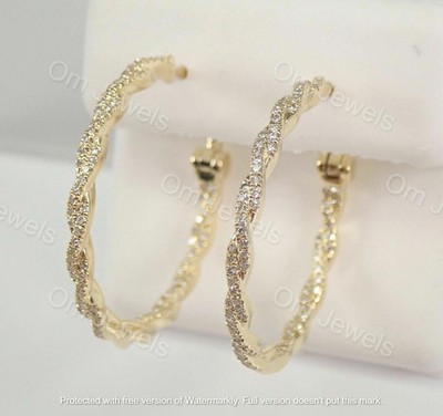 1.80Ct Lab-Created Diamond Inside Out Twist Hoop Earrings 14K Yellow Gold Finish