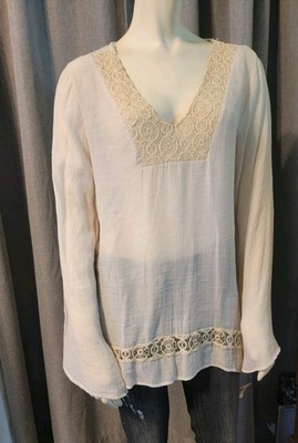 Boho Living Doll Los Angeles Sheer Gauze W/lace Bell Sleeve Tunic NWT L Hippie