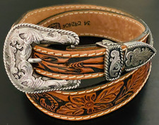 TONY LAMA Tooled Floral Leather Western Belt C42404 Men's 34 Two Tone Brown USA