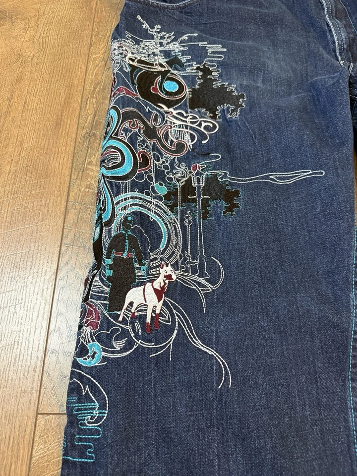 Artful Dodger Y2K Embroidered Baggy Jeans RARE Jack the Ripper Theme Sz 44 - Image 4 of 4
