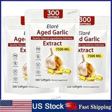 1-3Pack Elare Aged Garlic Extract, 300 Softgels, 7500mg Odorless Heart & Immune
