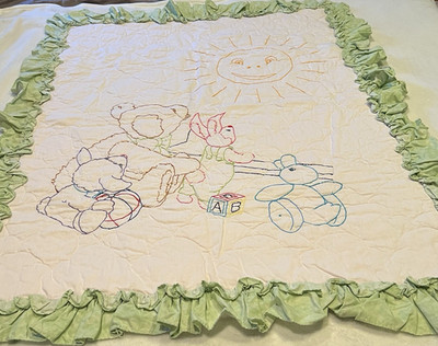 Handmade Hand Stitched Design Cotton Quilt Teddy Bear Green Ruffled Edge
