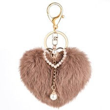 Heart Plush Keychain, Faux Fur Pom Pom Bag Charms, Cute Accessories for Brown