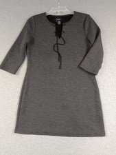 Papillon Sweater Dress Womens Small Grey Check Lace-up Neck 3/4 Sleeves BOHO