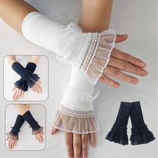 Womens Knit Arm Sleeves With Lace Trim Lightweight Touchscreen Compatible