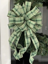Handmade Large Sage Green Plaid Rustic Christmas or Winter Bow  for Wreath