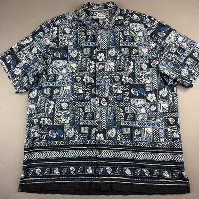 Tommy Bahama Island Mens XXLT Blue Silk Polyester Patchwork Hawaiian Shirt