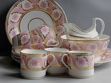 Antique Coalport Part Tea Set - Cups Saucers Slop Bowl Jug Plates Pink Gold