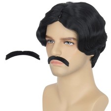 Men Gothic Short Wavy Black Costume Wig with Black Fake Mustache for Hallowee...