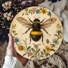 2D Flat, Vintage Bee & Floral Aluminum Wall Art - 8x8 Inch Reusable Metal Sign w