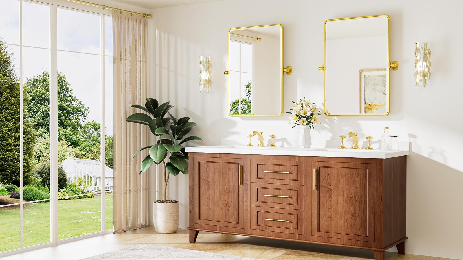 Pivot Mirror for Bathroom 20 x 30 Glossy Gold Tilt Rectangle Metal Framed Van... thumbnail 9