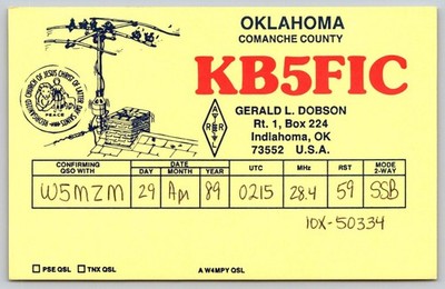 KB5FIC Indiahoma Oklahoma QSL Card 1989 Amateur Radio W5MZM SSB A399