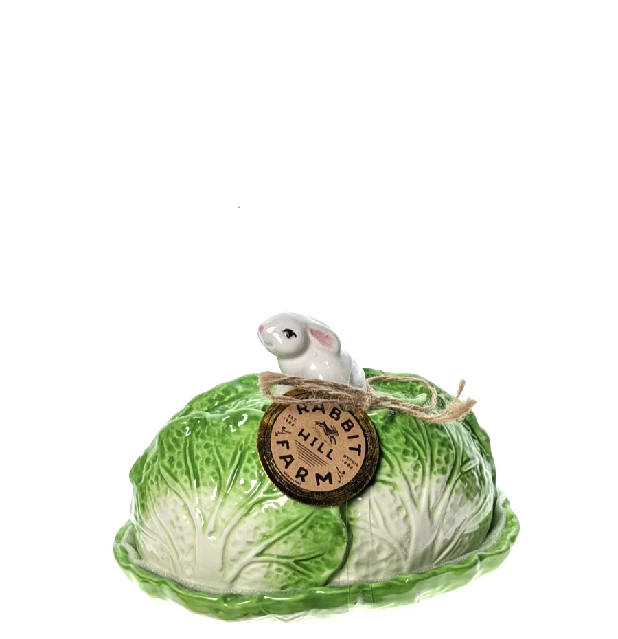 Rabbit Hill Farm Butter Dish Bunny Lid Green Cabbage Ceramic Farmhouse Kitchen