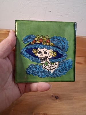 Mexican Talavera Day of the Dead Tile 4x4 Handmade Folk Art Catrina Dia De Muert