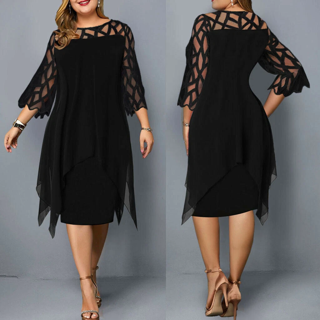 Plus Size Women Midi Dress Lace Ladies Evening Cocktail Formal Party Dress