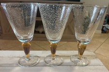 3 Hand Blown clear bubble glass water goblets with amber stem 8 3/8"
