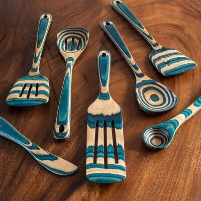 New BALTIQUE Mykonos Collection 7-Piece Utensil Set. Tan / Blue Striped Spatulas