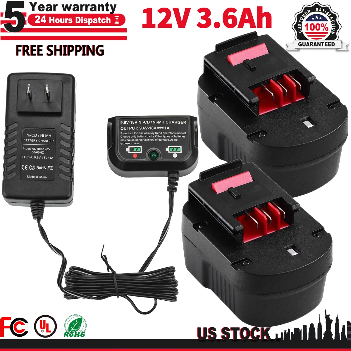 Battery or Charger For BLACK & DECKER 12V HPB12 A12 A12EX FS120B FSB12  3600mAh