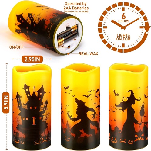 3 Pack Halloween Candles Flameless Flickering, Battery Werewolf, Castle, Witch - Picture 3 of 4