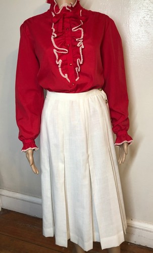 Vintage 80er Schrader Sport Plissee Midi Rock Gr. 10 weiß Leinenoptik gefüttert Knopfleiste - Bild 2 von 12