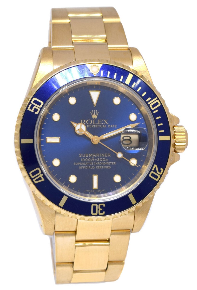 Rolex Submariner 18k Yellow Gold Blue Dial/Bezel Mens 40mm Watch P