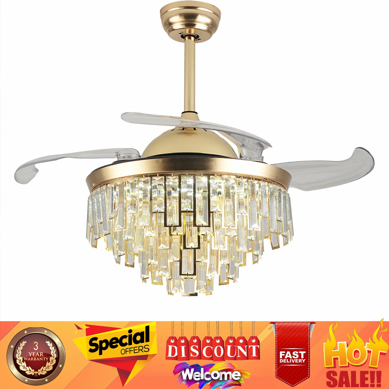 42-inch Crystal Ceiling Fan Chandelier with Remote Retractable Blades 3-Color LED Light  