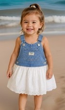 Osh Kosh Bgosh Denim Overall Dress Vestbak White Eyelet Skirt Adjustable 2T