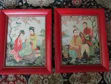 Lot of 2 H Calpini Serigraphs Asian art signed 1940's red frames under glass VG+
