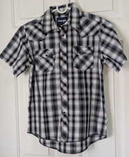 Wrangler Western Pearl Snap Shirt Boys Large Black Plaid Pockets S/S Cowboy EUC