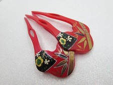 Vintage Red Floral Hair Forks, Asian Bamboo Flower Combs, Updo Bun Pins